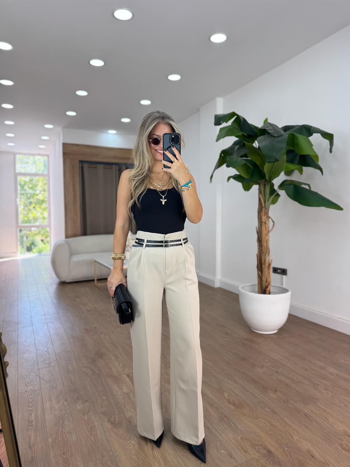 Çift Kemerli Premium Palazzo Pantolon - Taş