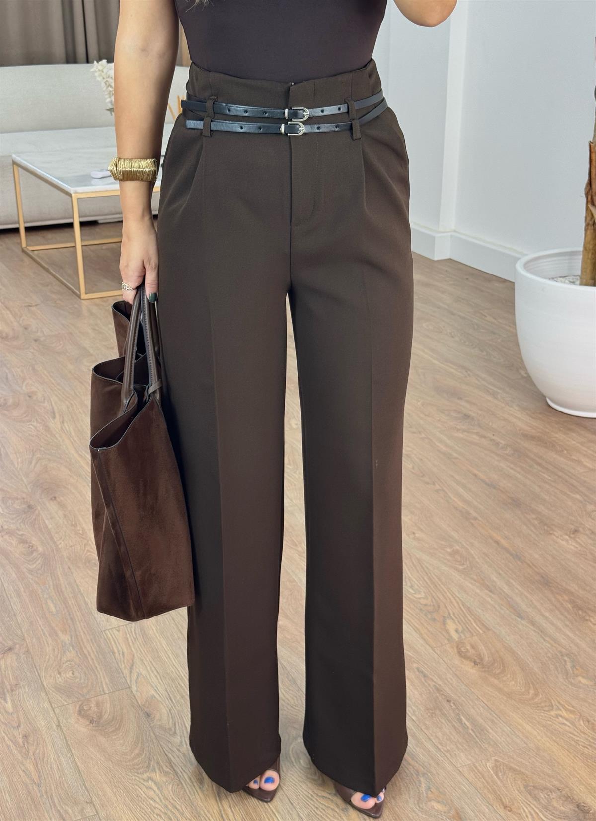 Çift Kemerli Premium Palazzo Pantolon - Kahverengi