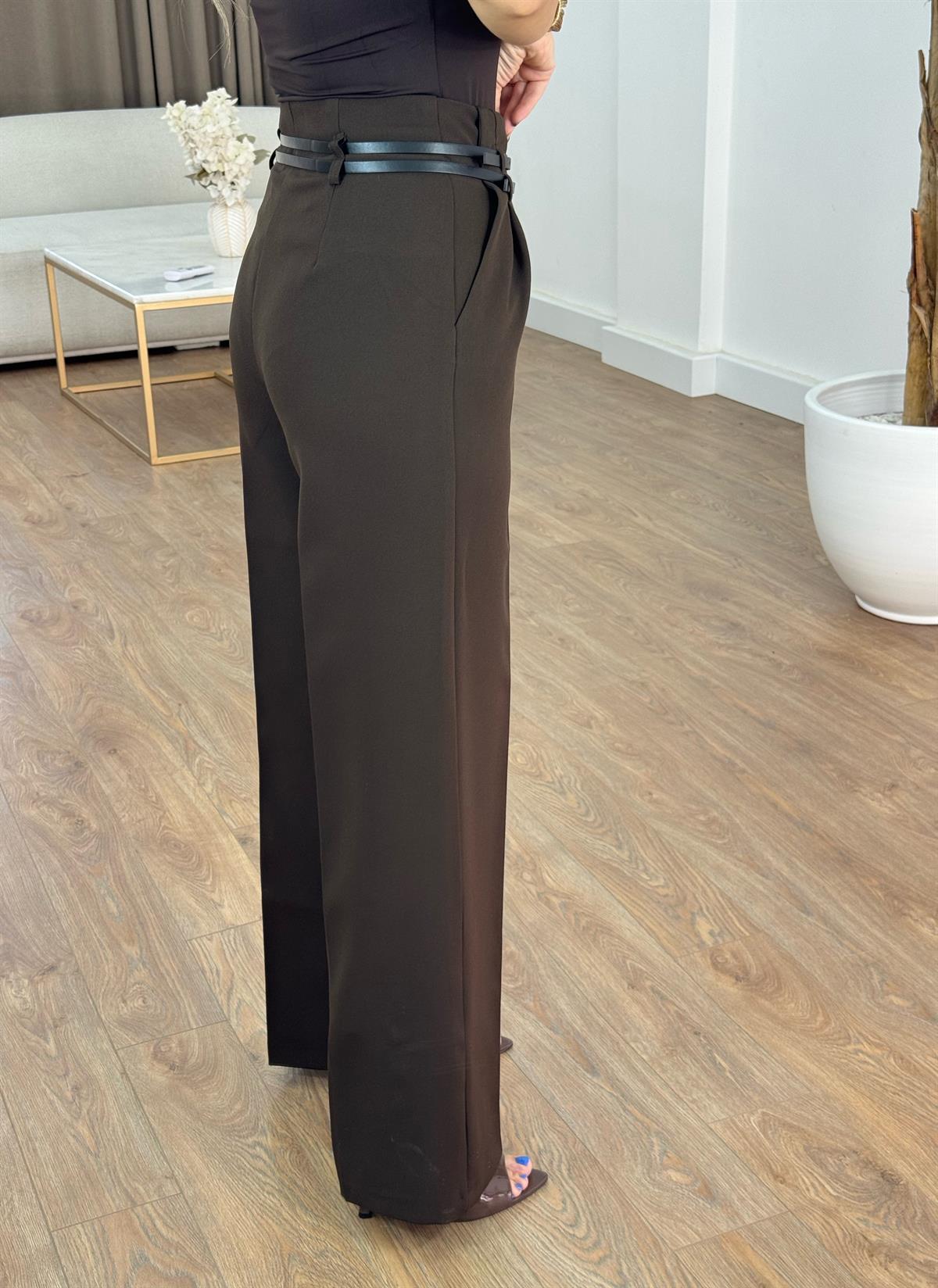 Çift Kemerli Premium Palazzo Pantolon - Kahverengi