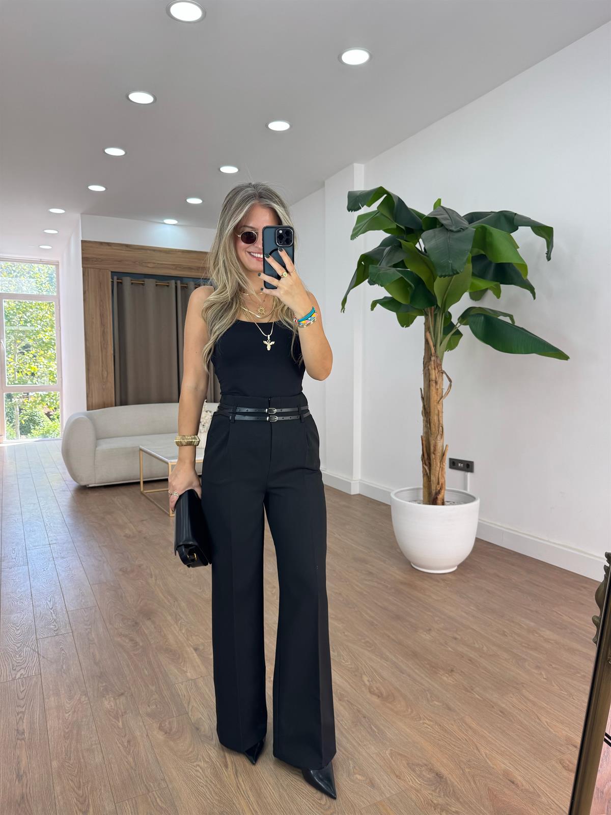 Çift Kemerli Premium Palazzo Pantolon - Siyah