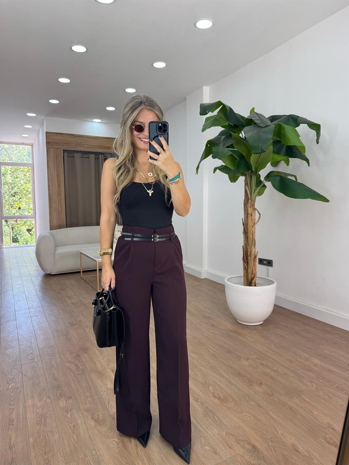 Çift Kemerli Premium Palazzo Pantolon - Mürdüm