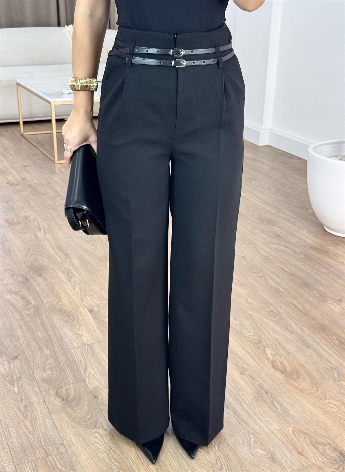 Çift Kemerli Premium Palazzo Pantolon - Siyah