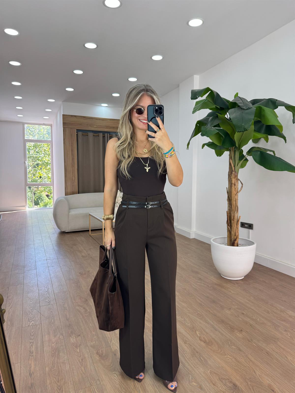 Çift Kemerli Premium Palazzo Pantolon - Kahverengi