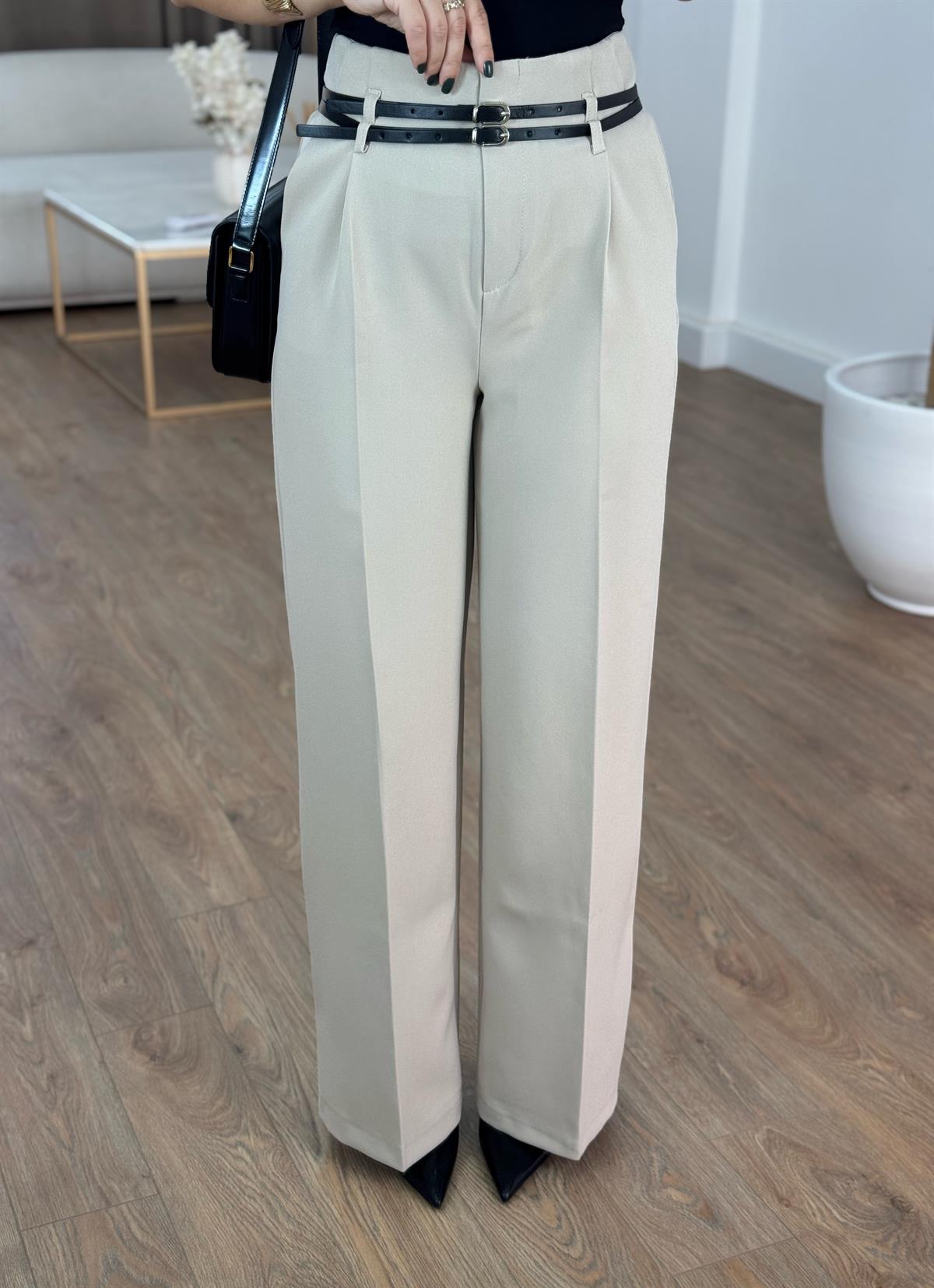 Çift Kemerli Premium Palazzo Pantolon - Taş