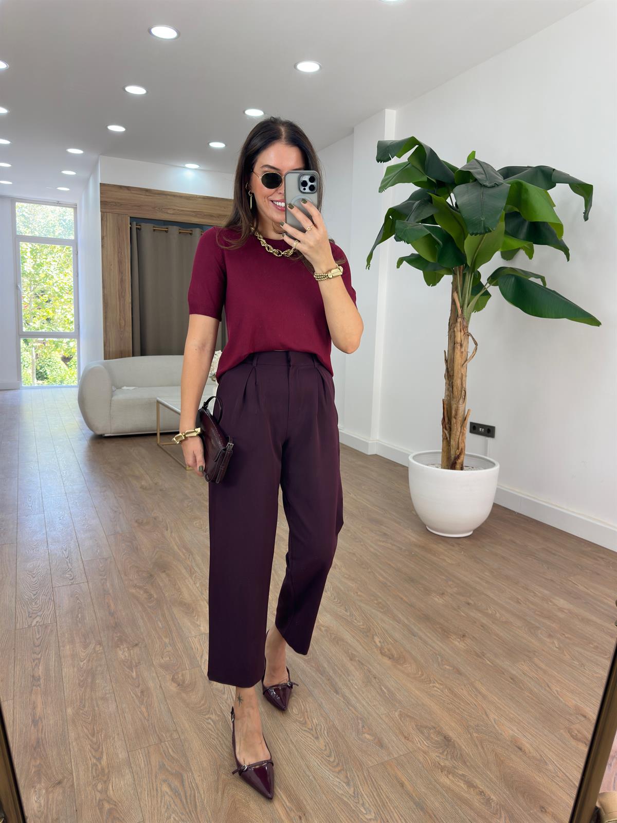 Çift Pile Havuç Pantolon - Bordo