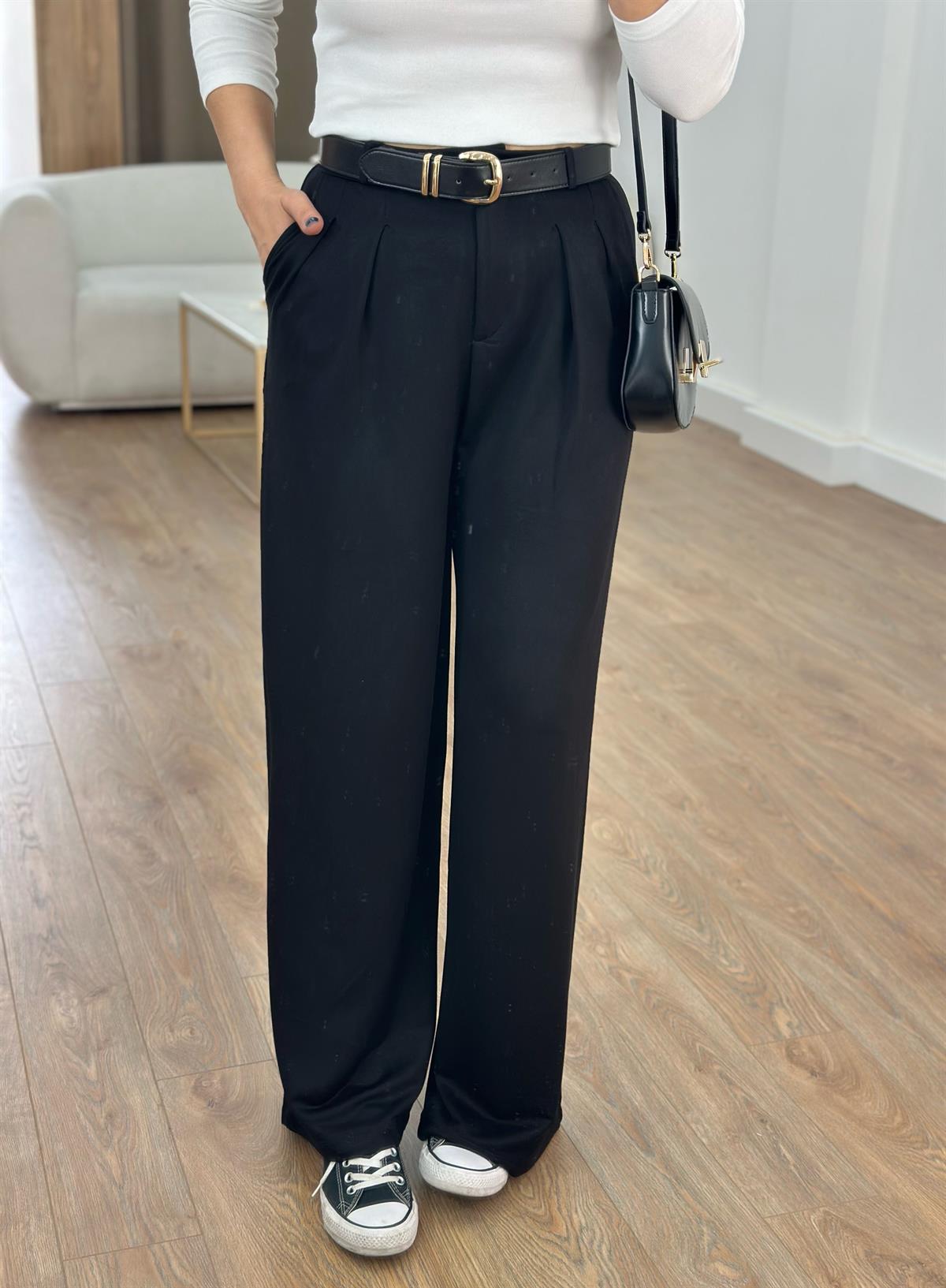 Likralı Süprem Kumaş Palazzo Pantolon - Siyah 