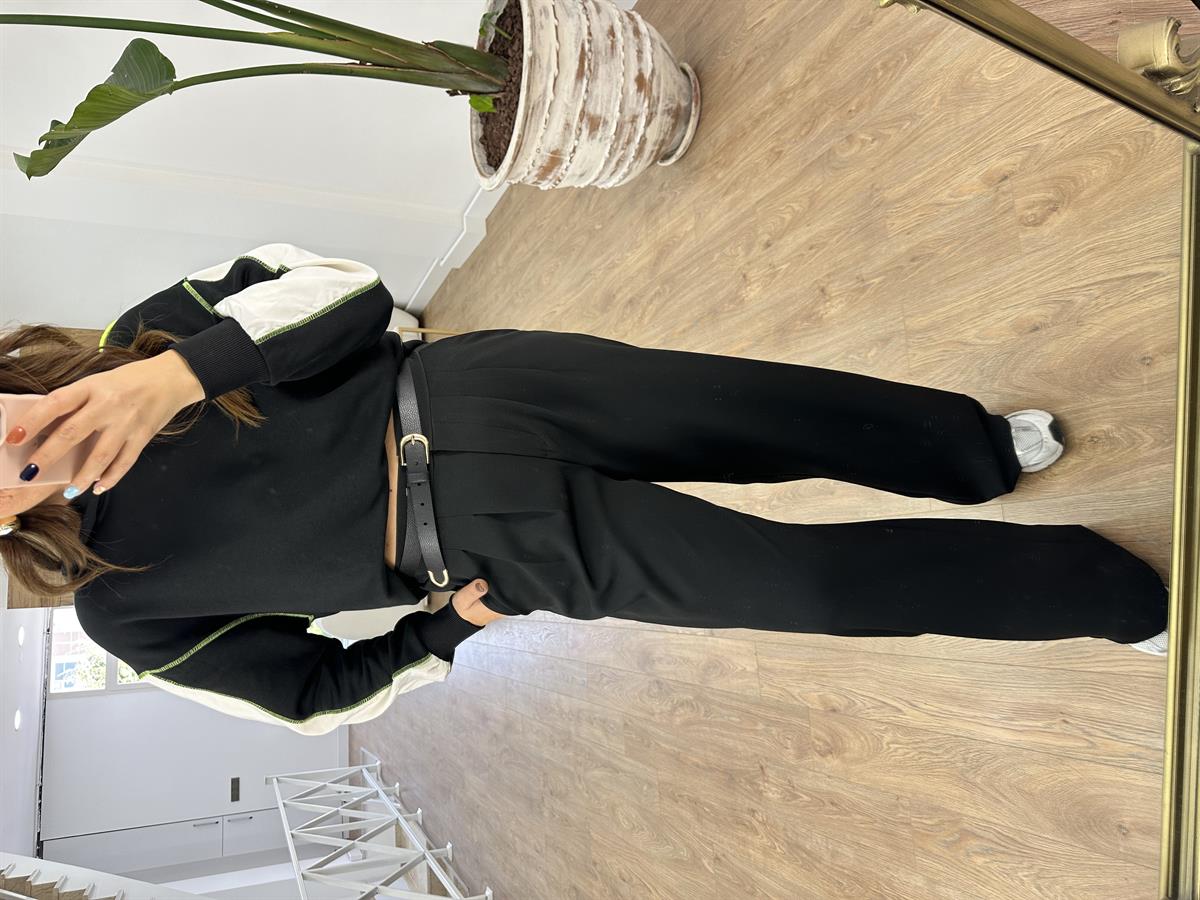 Çift Pileli Arka Beli Lastikli Palazzo Pantolon-Siyah