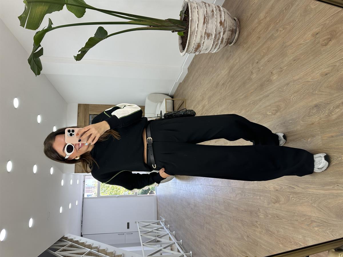 Çift Pileli Arka Beli Lastikli Palazzo Pantolon-Siyah