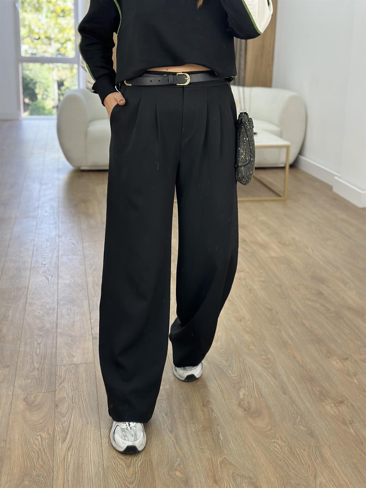 Çift Pileli Arka Beli Lastikli Palazzo Pantolon-Siyah