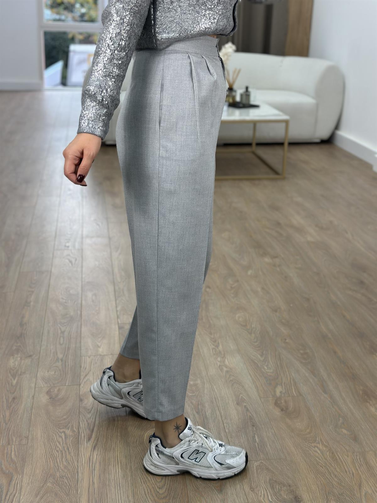 Çift Pileli Havuç Pantolon-Gri