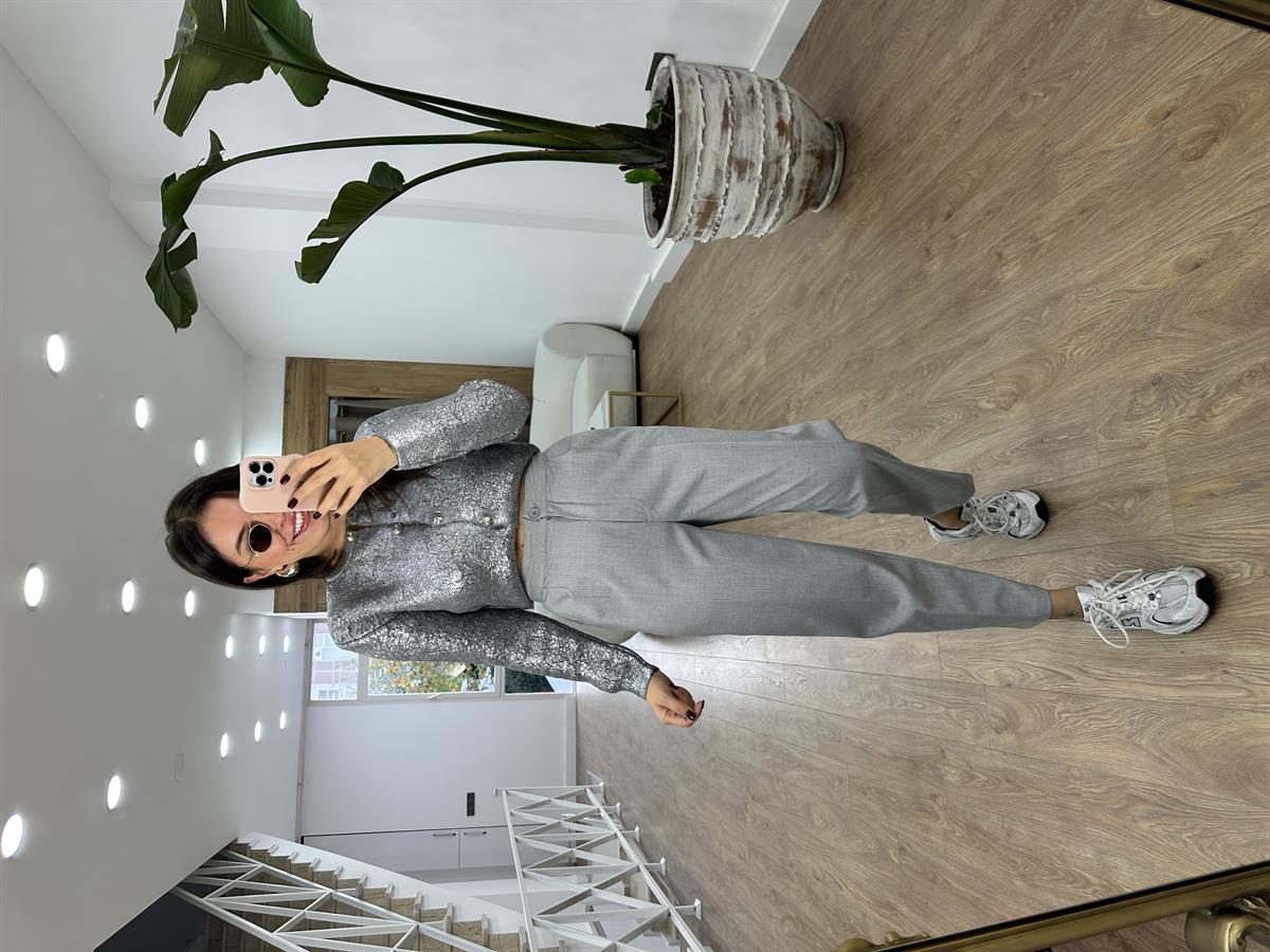 Çift Pileli Havuç Pantolon-Gri