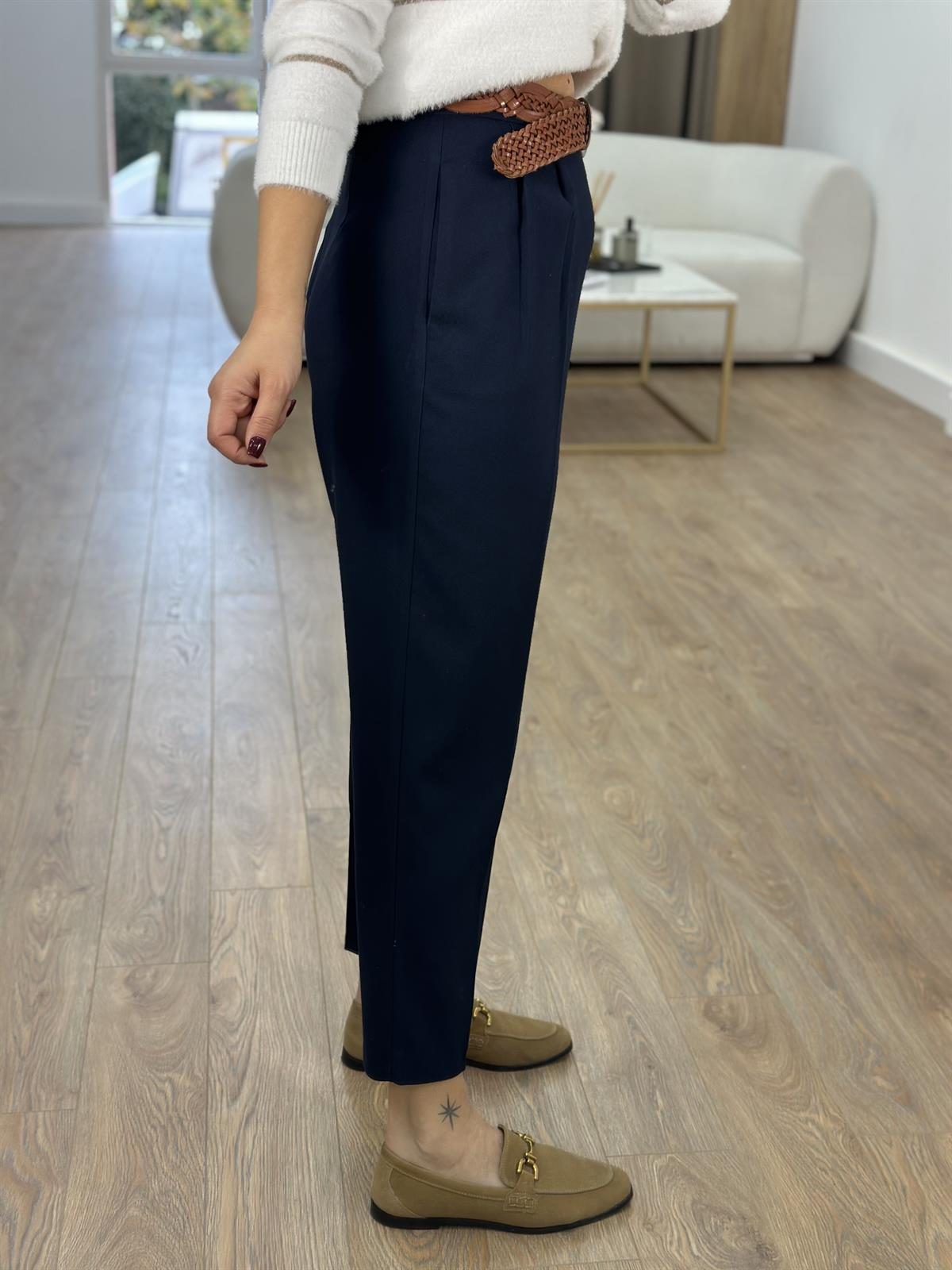 Çift Pileli Havuç Pantolon-Lacivert