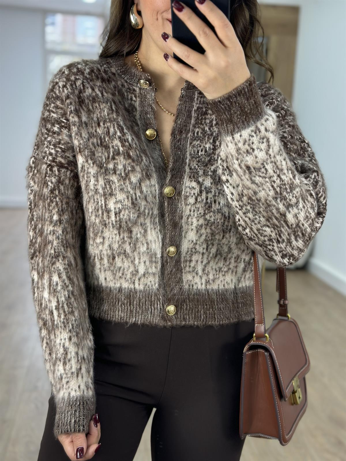 Çift Renkli Sakallı Şardonlu Hırka-Acı Kahve