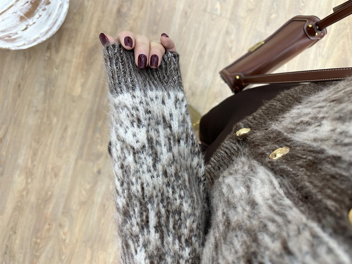 Çift Renkli Sakallı Şardonlu Hırka-Acı Kahve