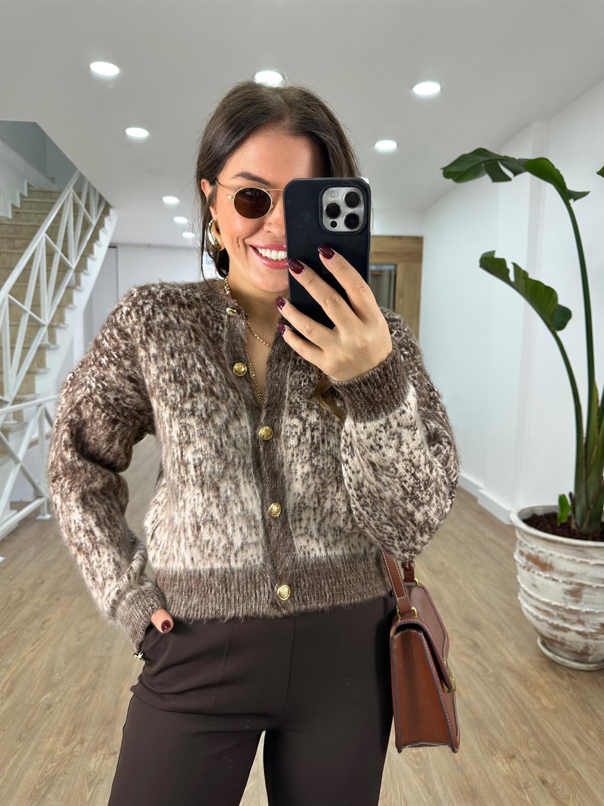 Çift Renkli Sakallı Şardonlu Hırka-Acı Kahve