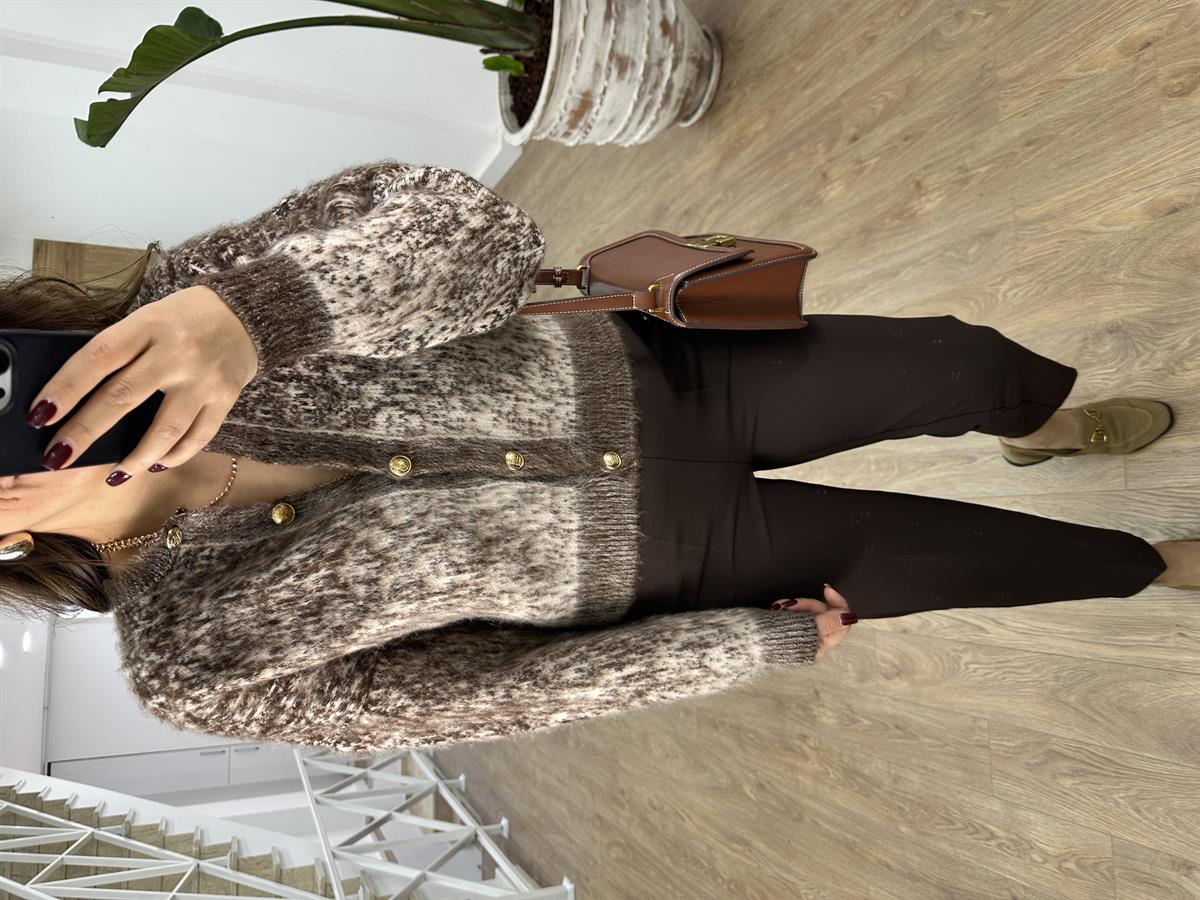 Çift Renkli Sakallı Şardonlu Hırka-Acı Kahve