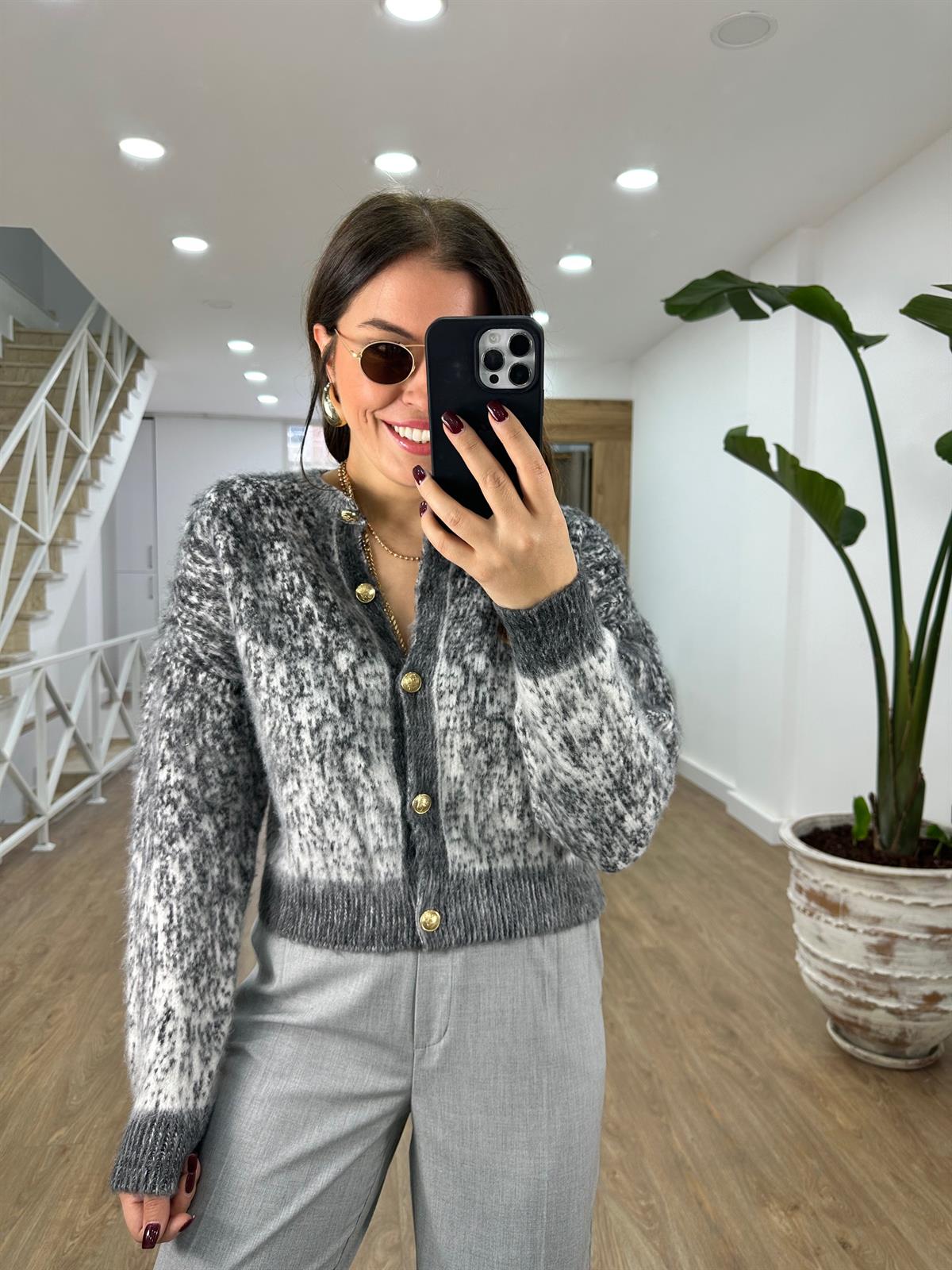 Çift Renkli Sakallı Şardonlu Hırka-Antrasit