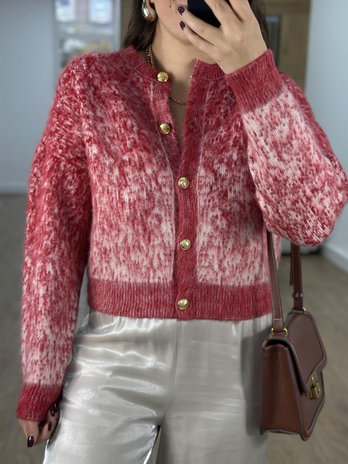 Çift Renkli Sakallı Şardonlu Hırka-Kırmızı