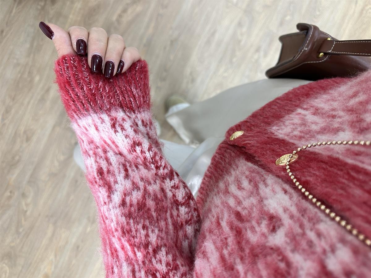 Çift Renkli Sakallı Şardonlu Hırka-Kırmızı