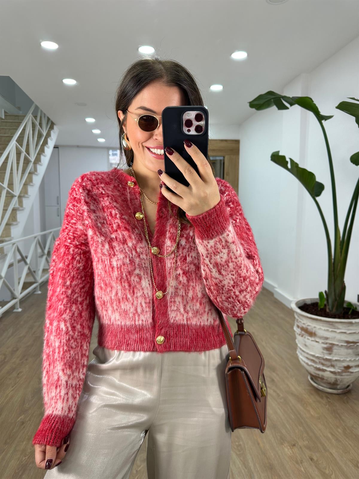 Çift Renkli Sakallı Şardonlu Hırka-Kırmızı