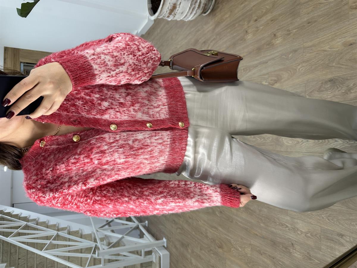 Çift Renkli Sakallı Şardonlu Hırka-Kırmızı