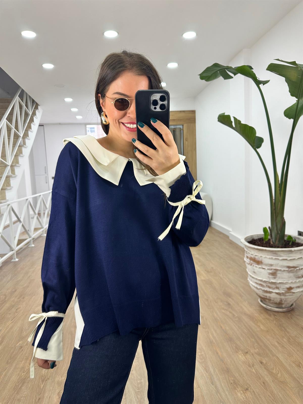 Çift Yakalı Poplin Garnili Tasarım Triko