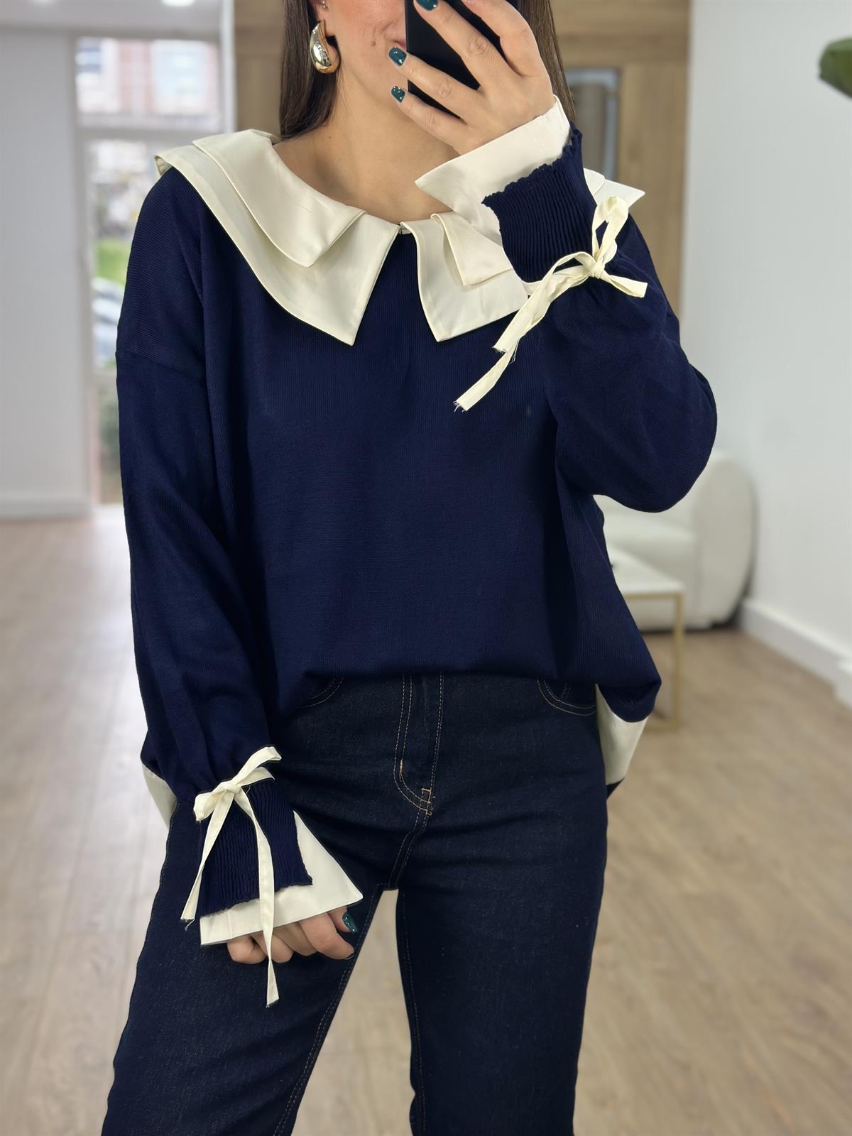 Çift Yakalı Poplin Garnili Tasarım Triko