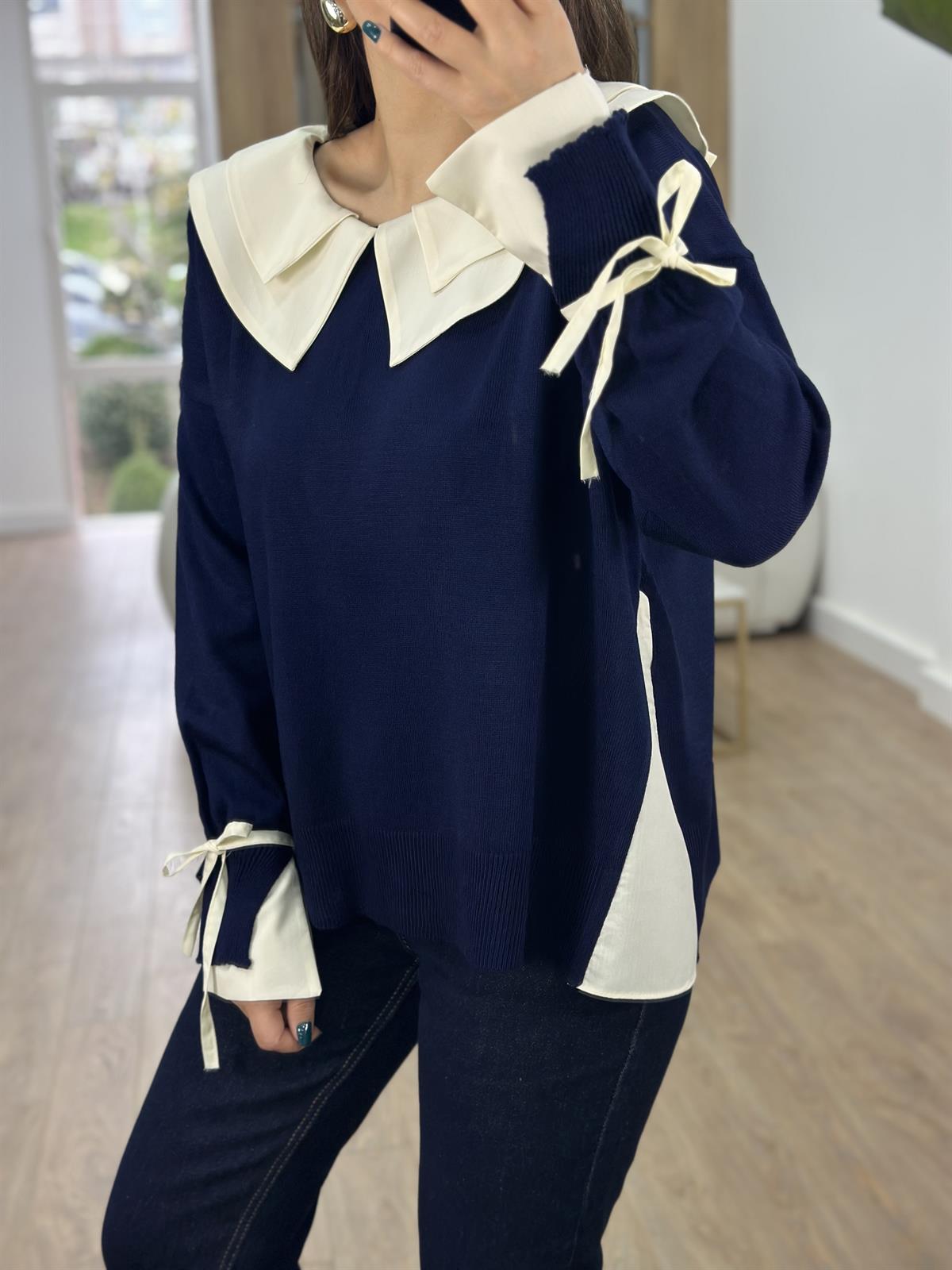 Çift Yakalı Poplin Garnili Tasarım Triko