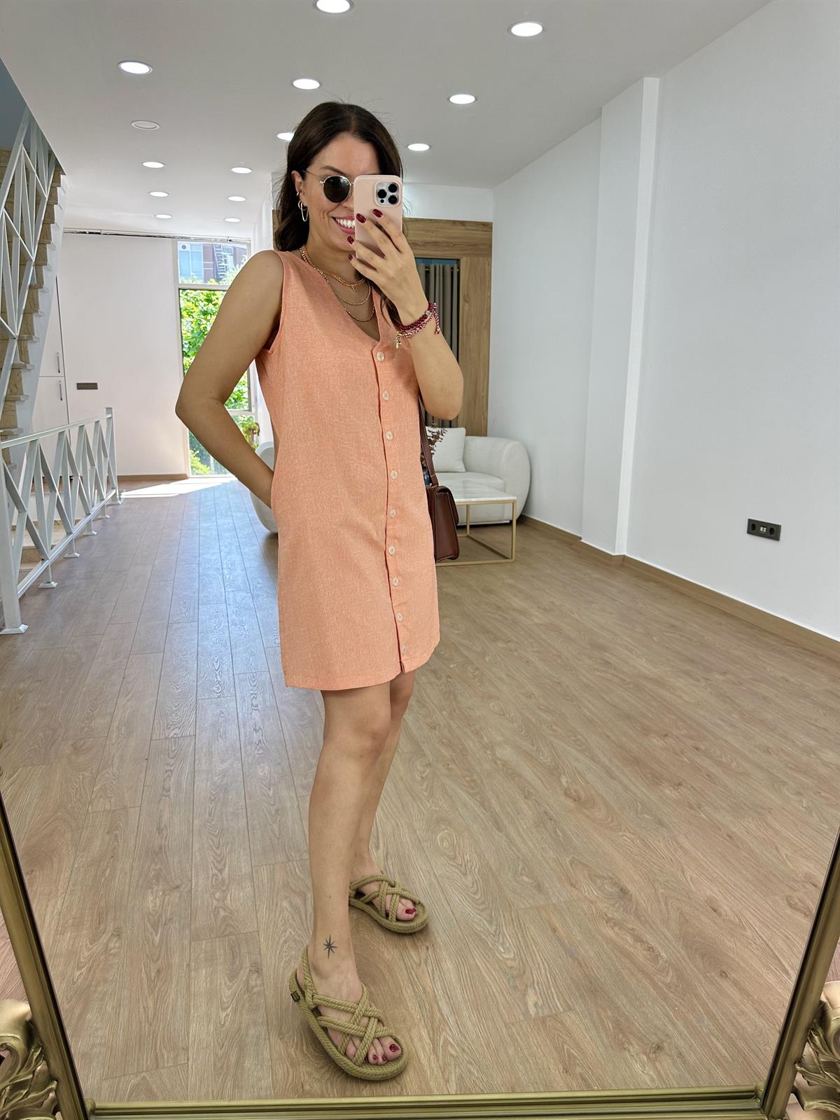 Çift Yönlü Giyilebilen Renkli Keten Elbise-Kayısı