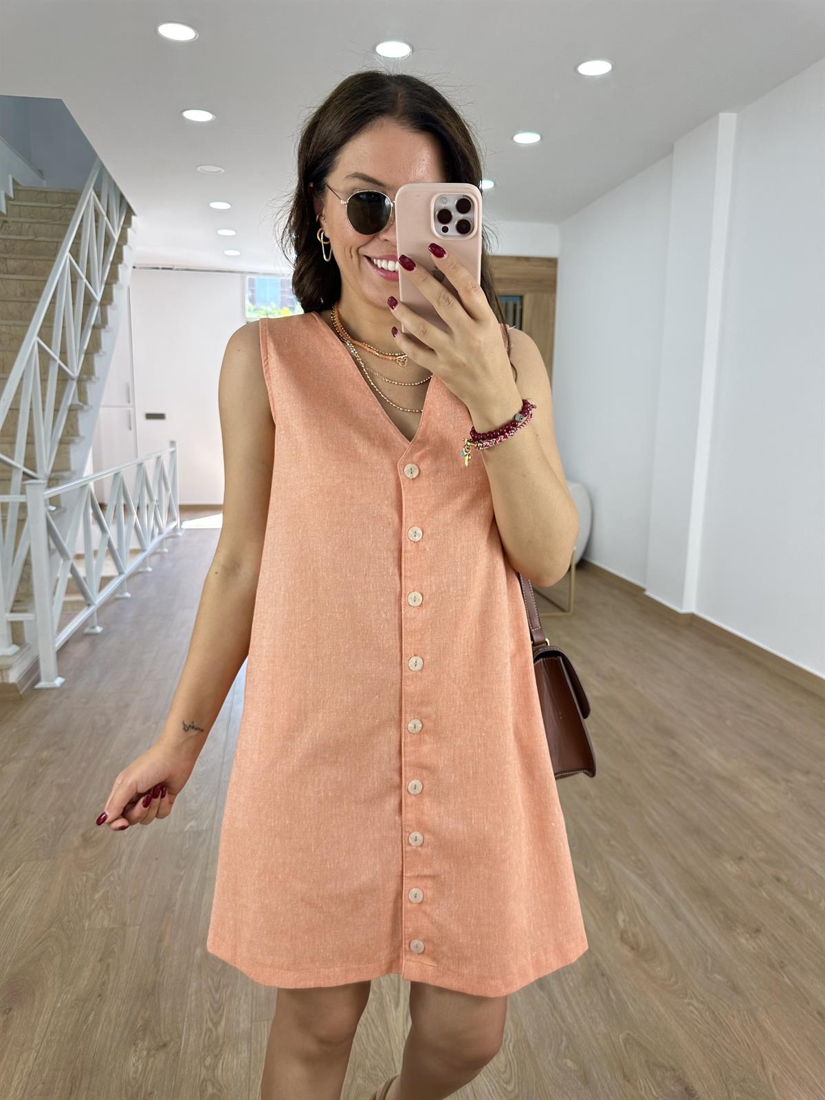 Çift Yönlü Giyilebilen Renkli Keten Elbise-Kayısı