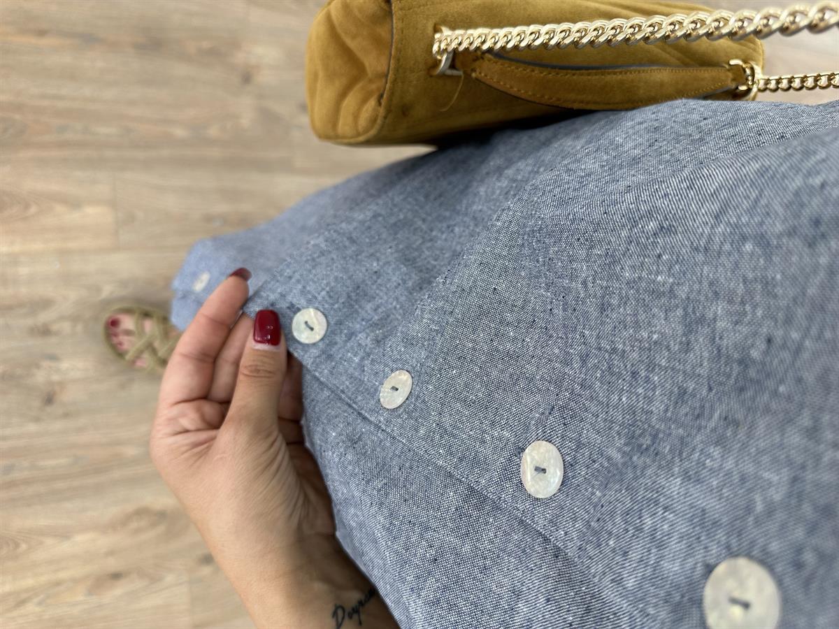 Çift Yönlü Giyilebilen Renkli Keten Elbise-İndigo