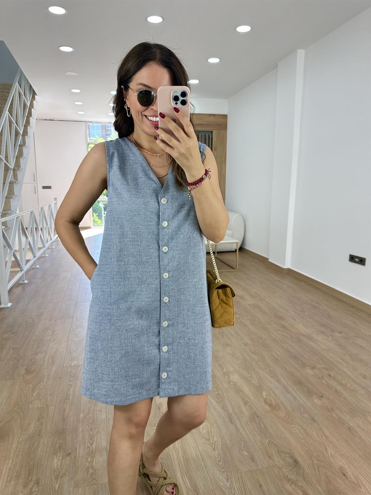 Çift Yönlü Giyilebilen Renkli Keten Elbise-İndigo