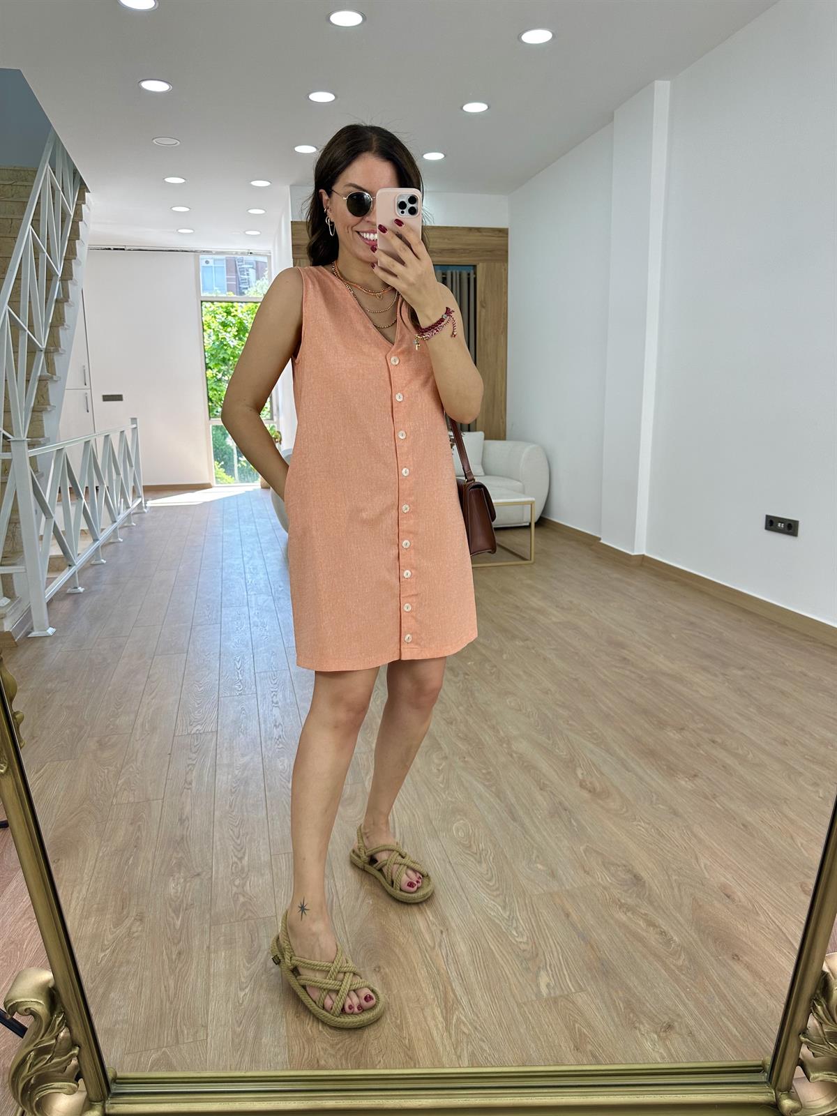 Çift Yönlü Giyilebilen Renkli Keten Elbise-Kayısı