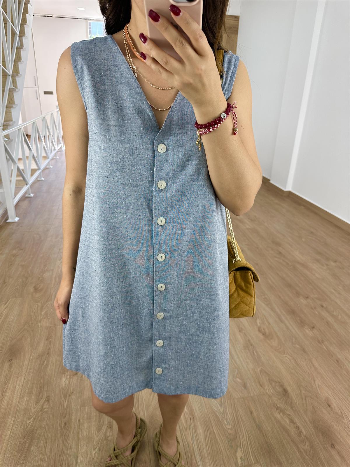 Çift Yönlü Giyilebilen Renkli Keten Elbise-İndigo