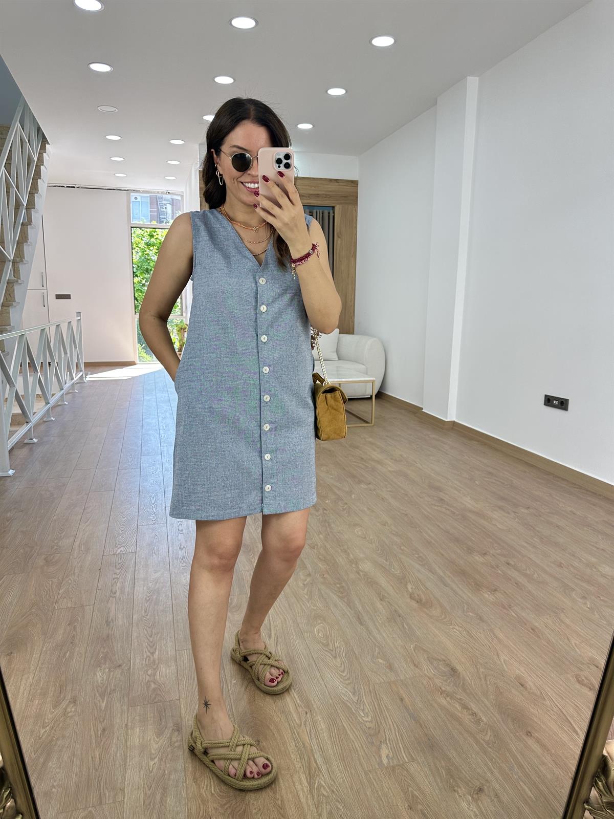 Çift Yönlü Giyilebilen Renkli Keten Elbise-İndigo