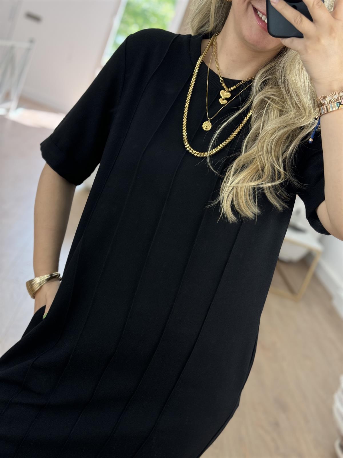 Çima Dikişli Keten Elbise-Siyah