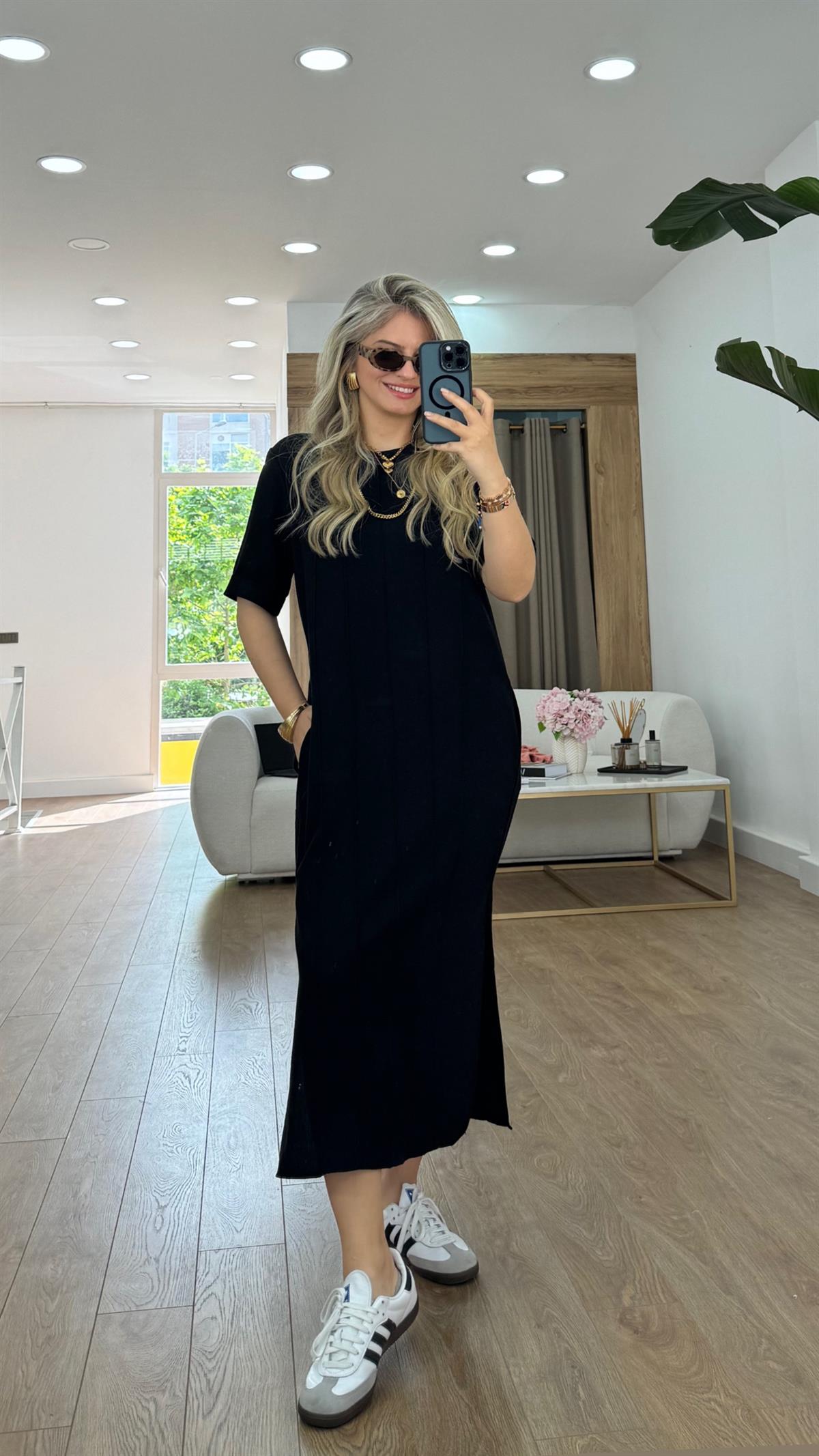 Çima Dikişli Keten Elbise-Siyah