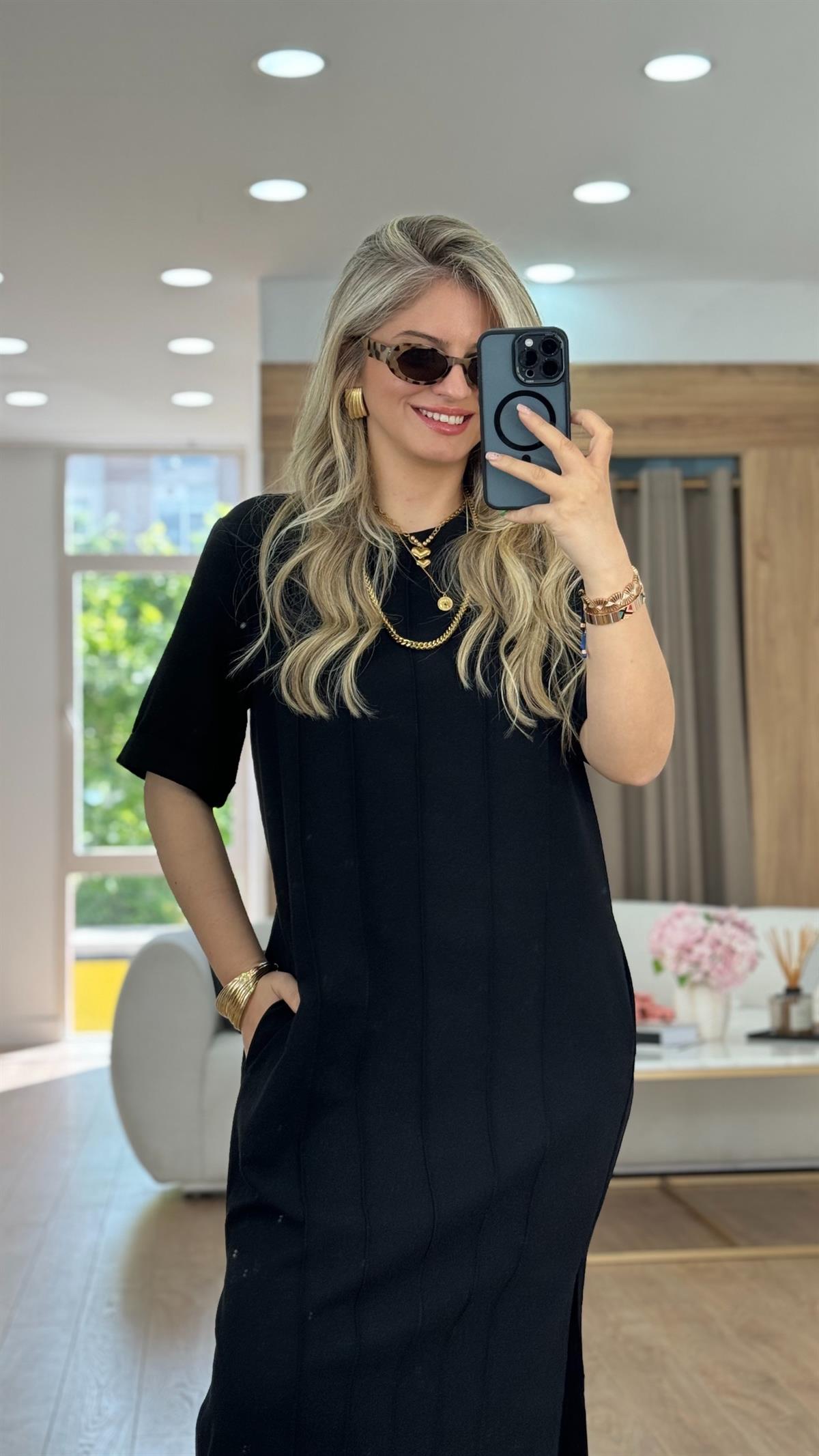 Çima Dikişli Keten Elbise-Siyah