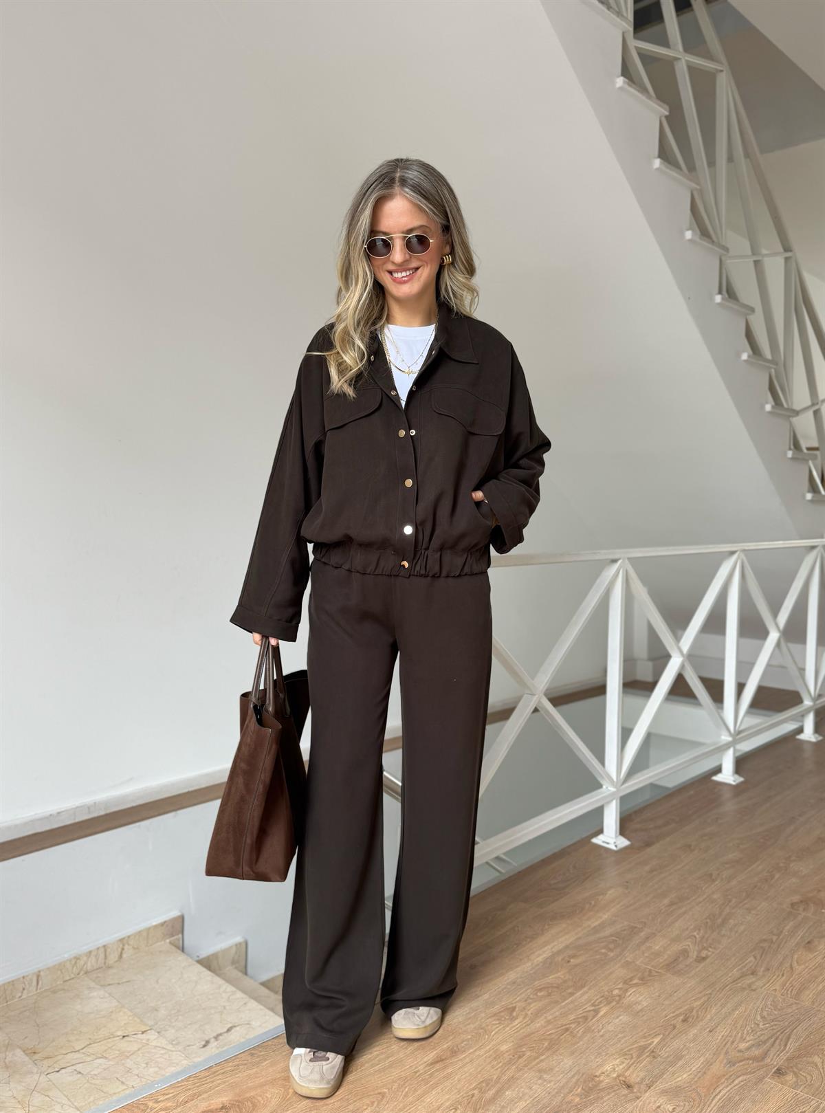 Çıtçıtlı Bomber Ceket Pantolon Takım - Kahverengi