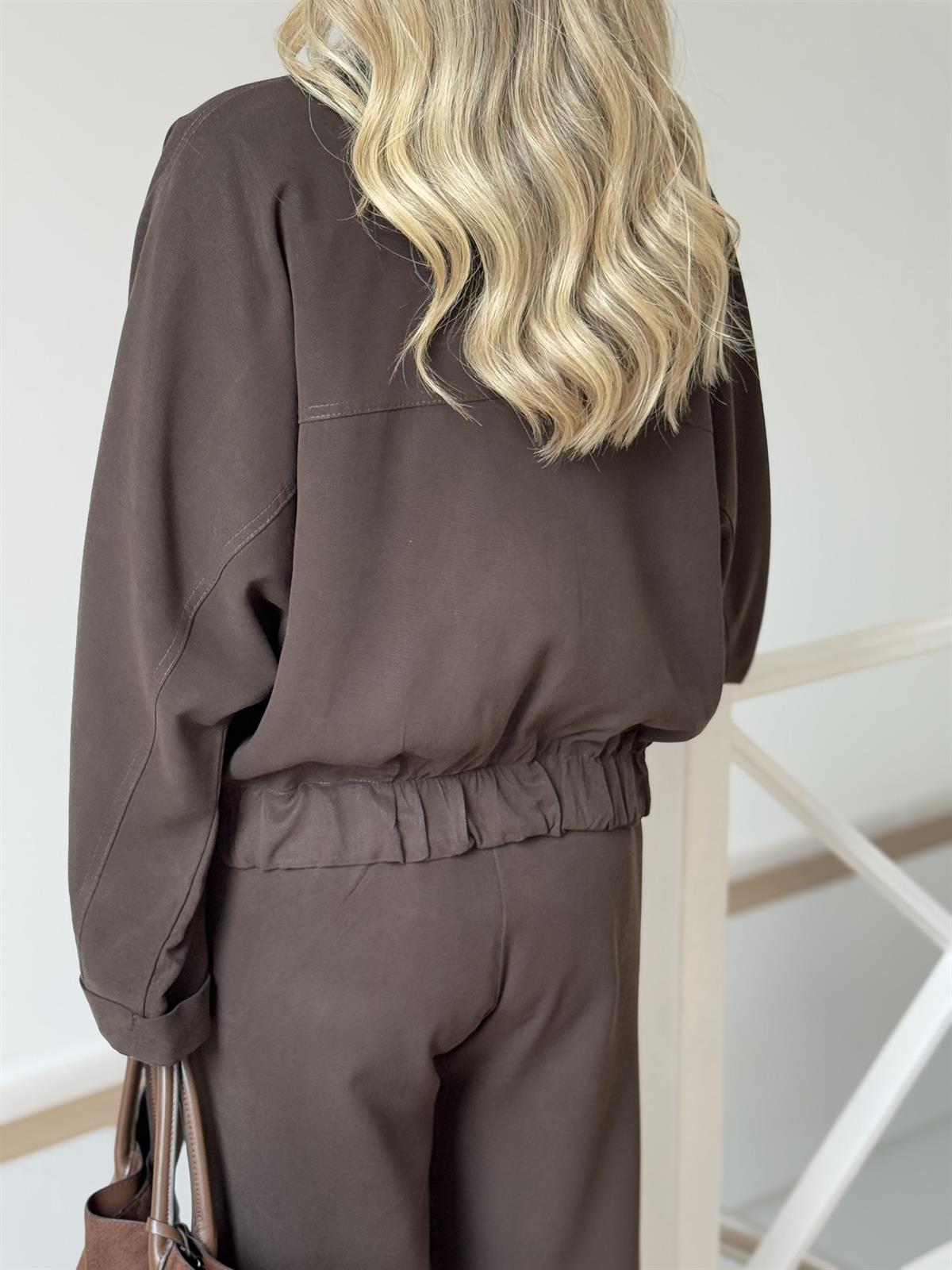 Çıtçıtlı Bomber Ceket Pantolon Takım - Kahverengi