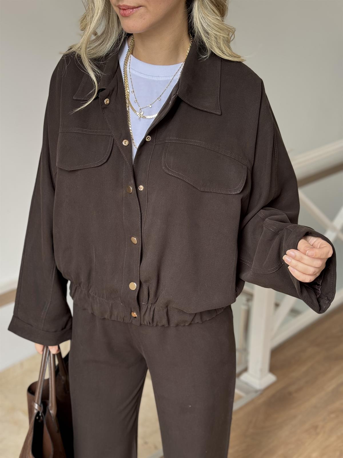 Çıtçıtlı Bomber Ceket Pantolon Takım - Kahverengi