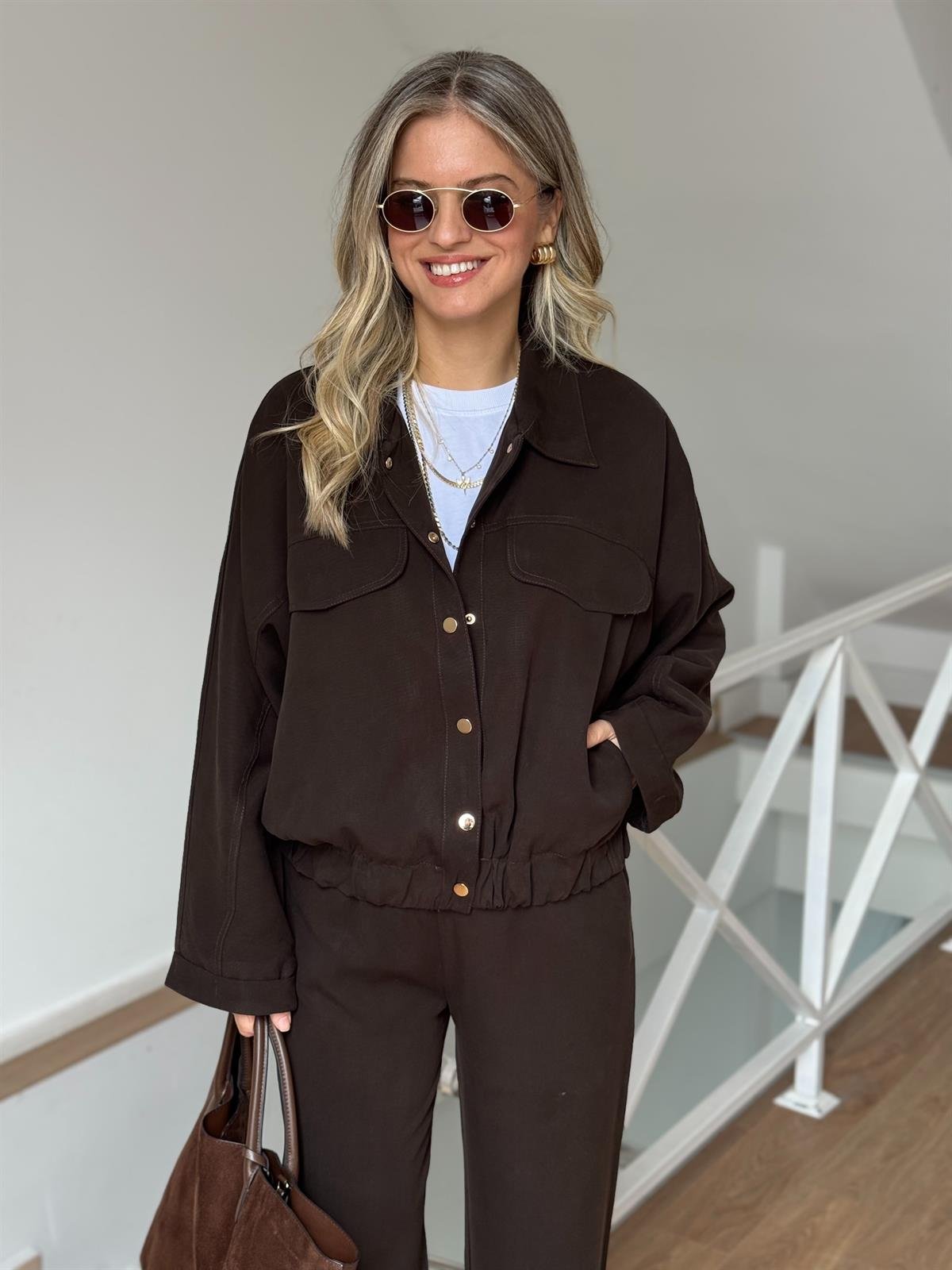 Çıtçıtlı Bomber Ceket Pantolon Takım - Kahverengi