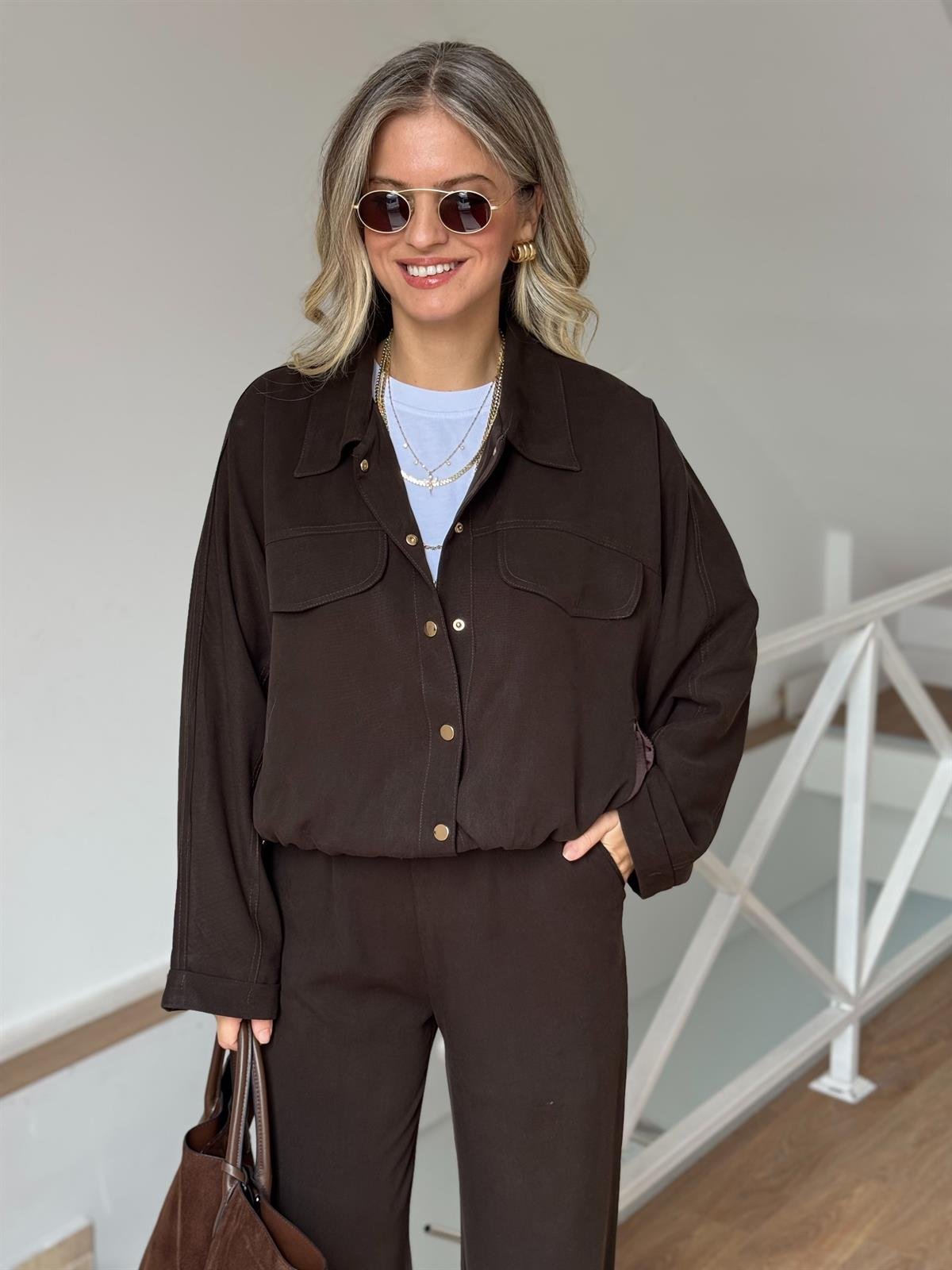 Çıtçıtlı Bomber Ceket Pantolon Takım - Kahverengi