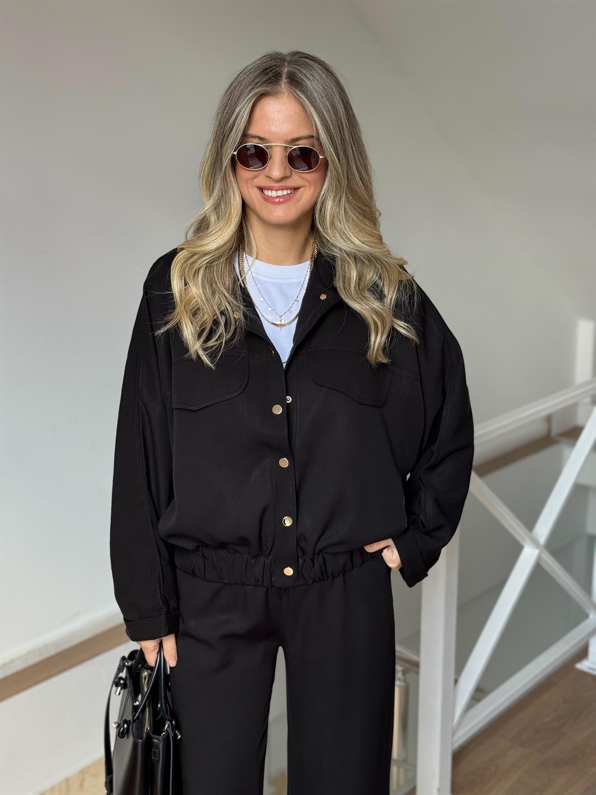 Çıtçıtlı Bomber Ceket Pantolon Takım - Siyah