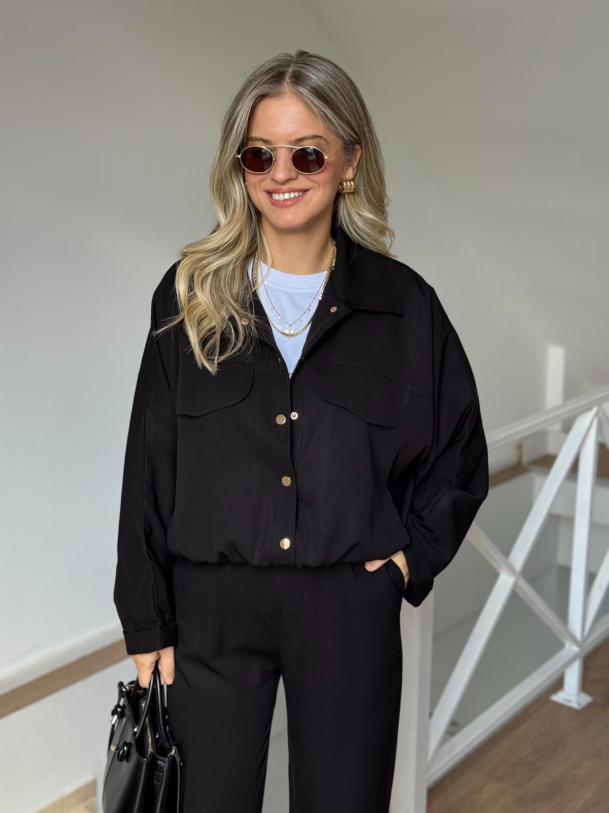 Çıtçıtlı Bomber Ceket Pantolon Takım - Siyah