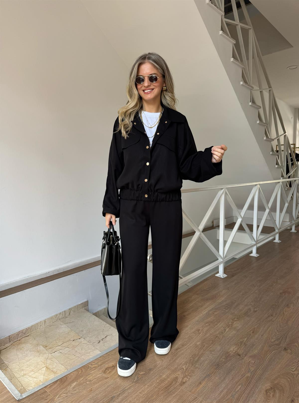 Çıtçıtlı Bomber Ceket Pantolon Takım - Siyah