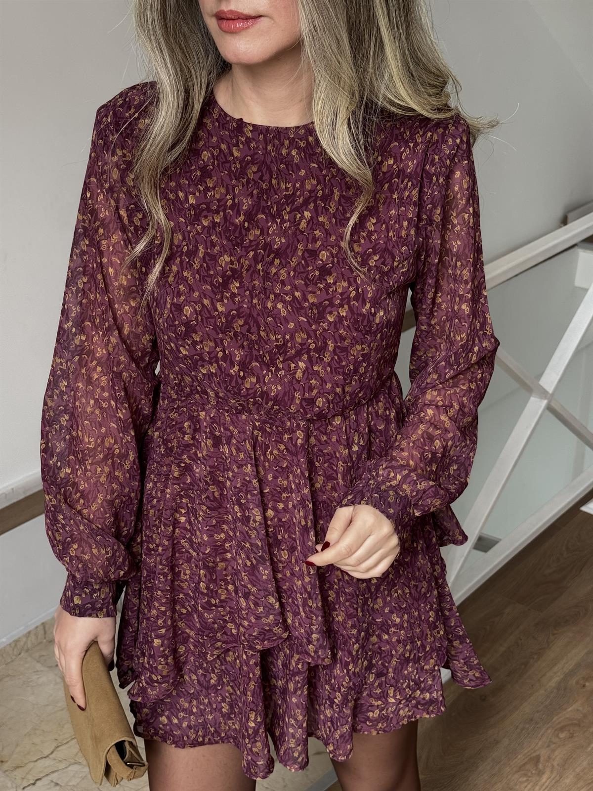 Çıtır Çiçek Desenli Volanlı Mini Elbise - Bordo