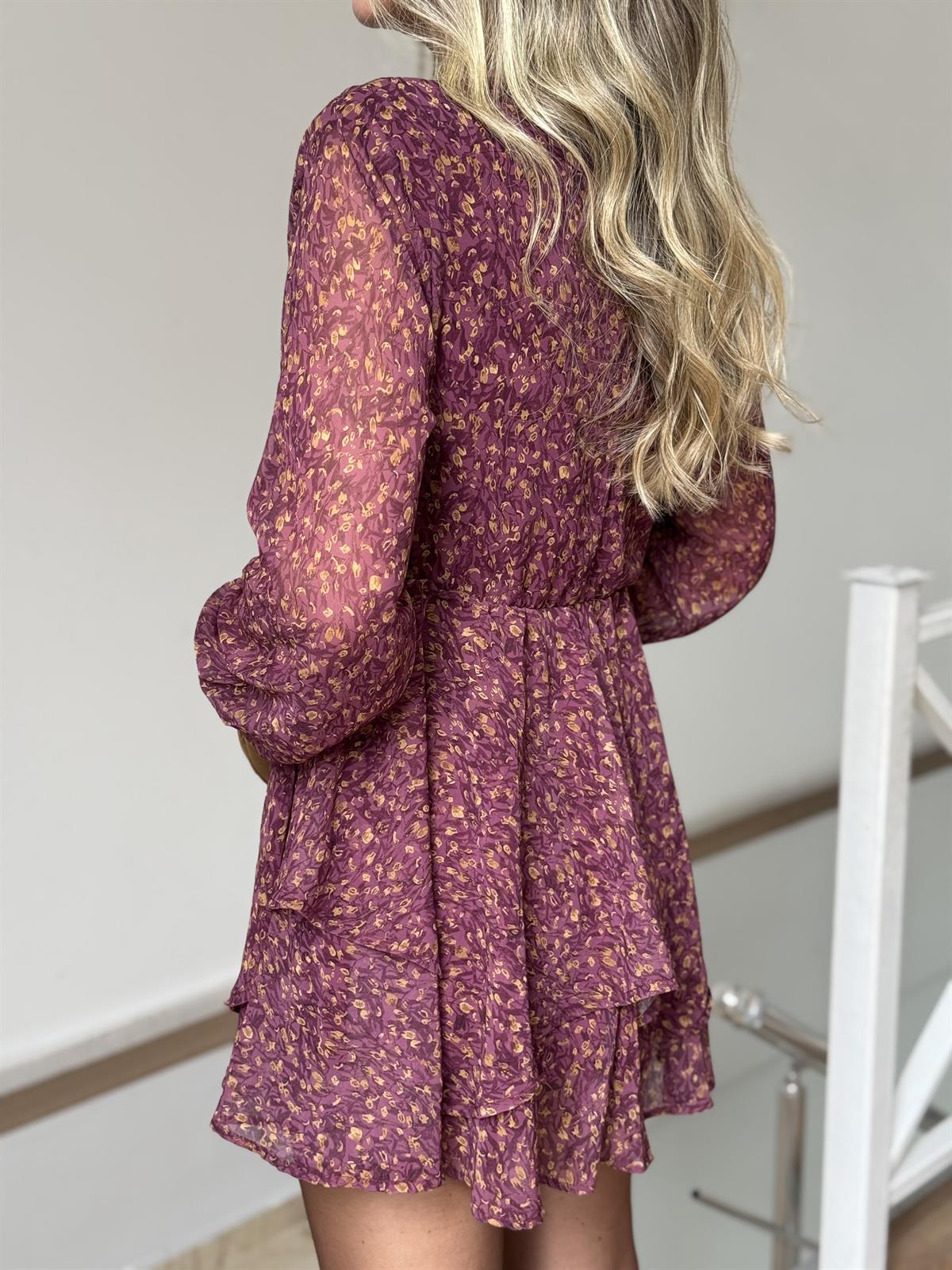 Çıtır Çiçek Desenli Volanlı Mini Elbise - Bordo