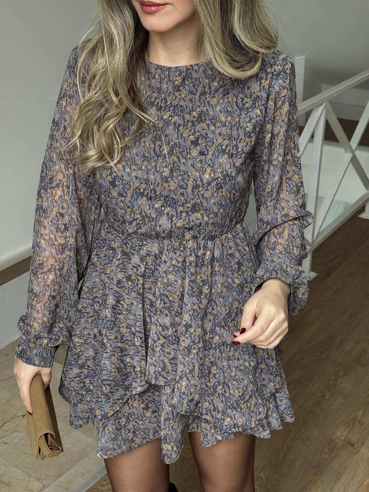 Çıtır Çiçek Desenli Volanlı Mini Elbise - Gri