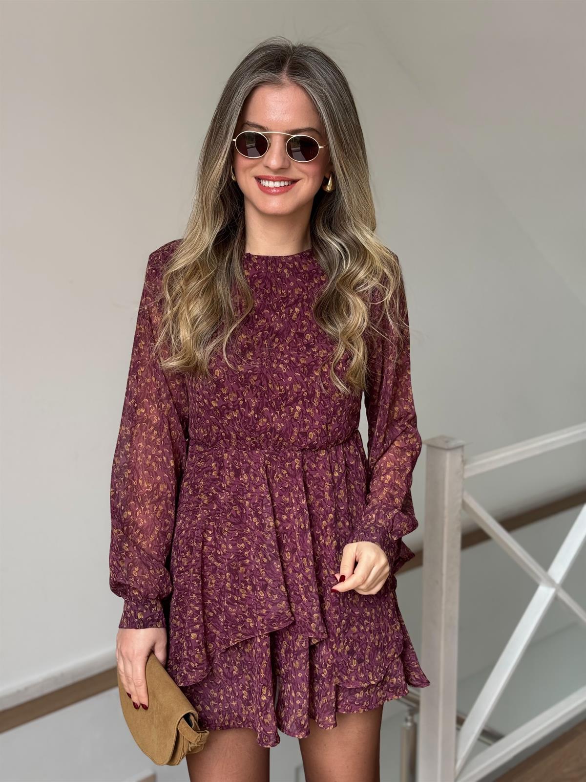 Çıtır Çiçek Desenli Volanlı Mini Elbise - Bordo